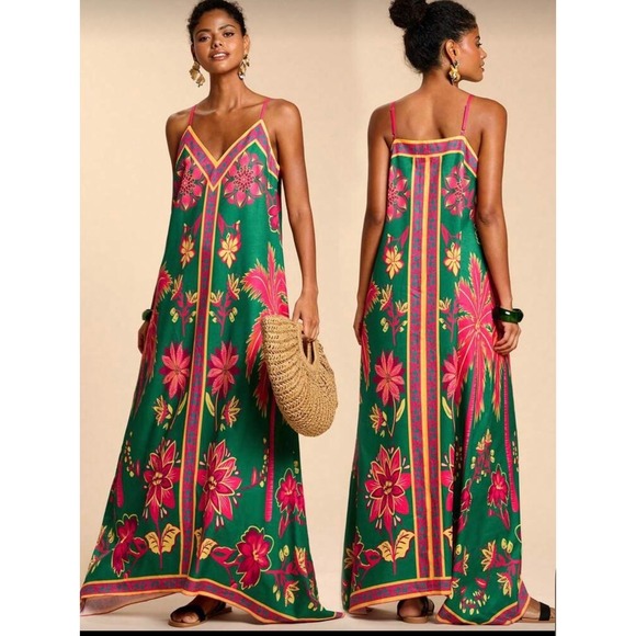 Dresses & Skirts - Tropical‎ Green Pink Floral Palm Print Maxi Dress Handkerchief Hem Large